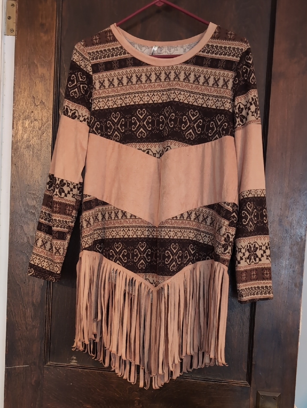 Fringed Southwestern Print Top in Blush and Dark Brown
